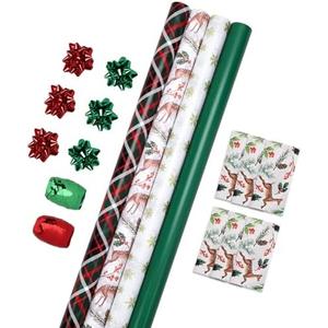 LaRibbons Christmas Wrapping Paper Set, Reindeer & Snowflake Design with Gift Bow & Ribbons & Tags, Perfect for Holiday, Party, Xmas Celebration,30 Inch X 10 Feet (4Rolls, 100 sq.ft.ttl.)