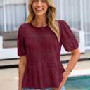 Simplee Womens Summer Lace Tops Boho Hollow Out Crochet Cute Ruffle Peplum Top Western Babydoll Blouses Shirts Beach Vacation (Red, S)
