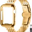 Slim Metal Band with Apple Watch Band 40mm 41mm 38mm 45mm 44mm 42mm, Dressy Stainless Steel Chain Strap for Women Man iWatch Bands Series 9 8 7 6 5 4 3 2 1 SE SE2 (Gold)