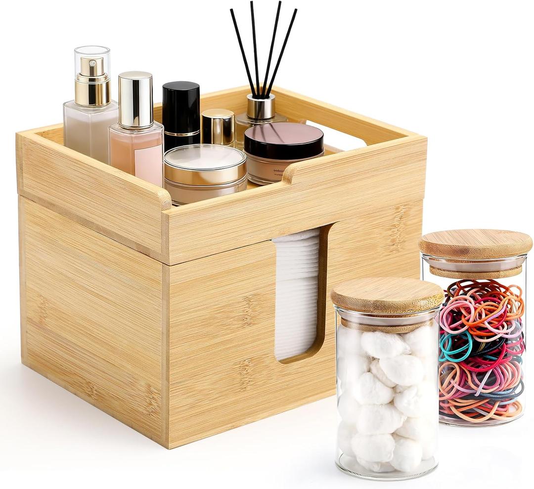 Bamboo Disposable Face Towel Holder with 2 Glass Jars - Open-Top Skincare Organizer for Facial Cleansing Wipes & Beauty Essentials - Bathroom Countertop Vanity Organizer