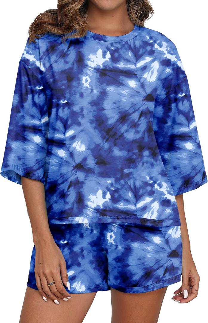 PrinStory Womens Pajama Sets Short Sleeve Pajamas Set for Women 2 Piece Soft Pjs with Pockets (M)