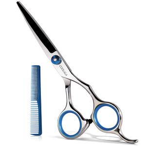 Stainless Steel Hair Cutting Scissors 6.5 Inch Hairdressing Razor Shears Professional Salon Barber Haircut Scissors, One Comb Included, Home Use for Man Woman Adults Kids Babies, Silver/Blue