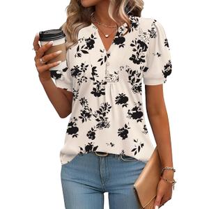 IECCP Womens Tops Dressy Casual Blouses Business Casual 2025 Summer Short Sleeve Shirts Cute V Neck Puff Pleated Tunic Top (Apricot Black Floral,XL)