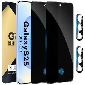 [2+2 Pack Privacy Screen Protector Compatible with Galaxy S25 5G, 2 Tempered Film - 2 Camera Lens Glass - High Clarity - Anti-Spy Protection - Scratch Resistant - Easy Installation