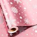 Retrify Christmas Wrapping Paper - 17 Inch x 32.8 Feet Mini Roll - White Snowflake with Grid Cutting Lines Foil Pink Gift Wrap Paper for Holiday Shower Party Celebration
