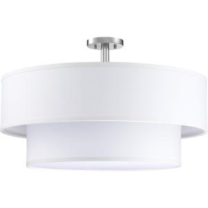 5 Light Off White Double Drum Fabric Shade Semi Flush Mount Ceiling Light,Close to Ceiling Light Fixture Brushed Nickel Finish,24 inch Semi Flush Drum Light for Bedroom,Living Room,Dining Room Hallway