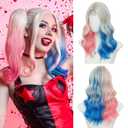 Pink Blue Wave Wigs for Women 18 Inch Medium Length Wigs Middle Part Curly Wavy Wig Natural Looking Synthetic Heat Resistant Fiber Wig for Daily Party Use(Pink Blue,18 Inch)