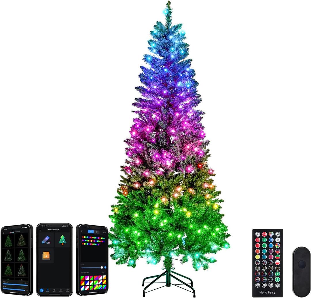 FANCILLUMA 6FT Prelit Christmas Tree with 250 LED Lights, App-Controlled Artificial Christmas Tree with Multi-Color RGB Lights & Music Sync, Slim Pencil Christmas Tree for Home Christmas Decorations