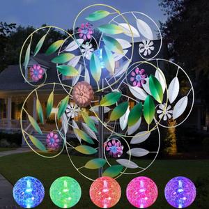 Solar Wind Spinner Metal Garden Decor, Wind Spinners Outdoor Clearance, Multi Color Changing LED Solar Powered Glass Ball Kinetic Wind Sculptures Windmills for Yard Patio Outdoor Decoration (6.5 ft)