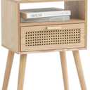 MaxSmeo Modern Nightstand Rattan Side End Table with Storage, for Living Room, Bedroom and Small Spaces, Accent Bedside Farmhouse Tables with Solid Wood Legs, Easy Assembly (Natural Walnut)