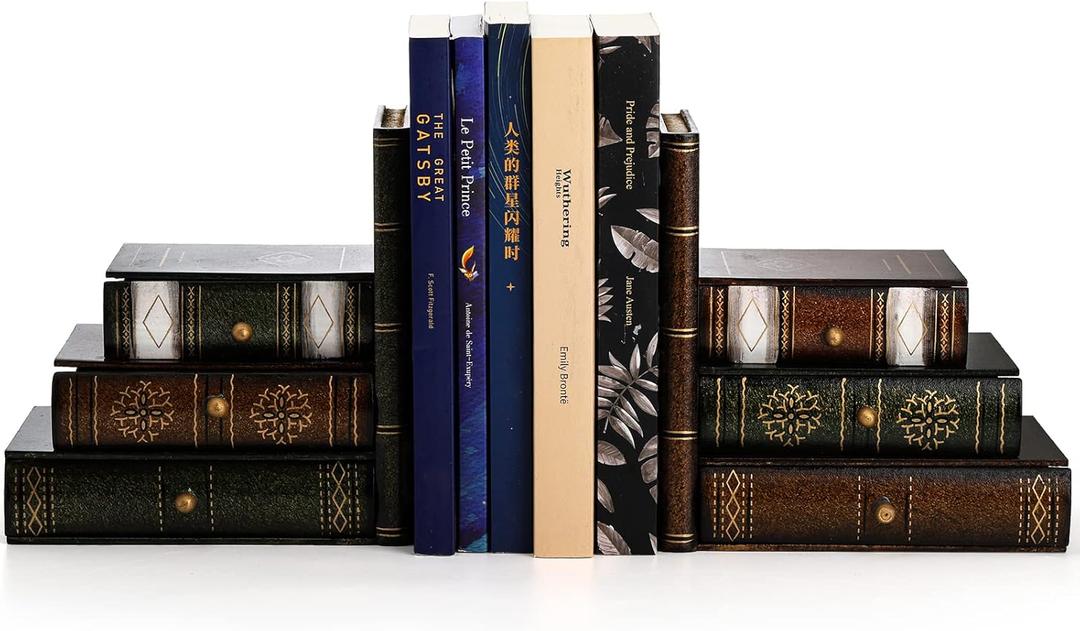 Fasmov Wood Bookends with Desktop Organizer Drawer Units, Decorative Bookends for Shelves, Office Desk Book Holder Stand, 1-Pair