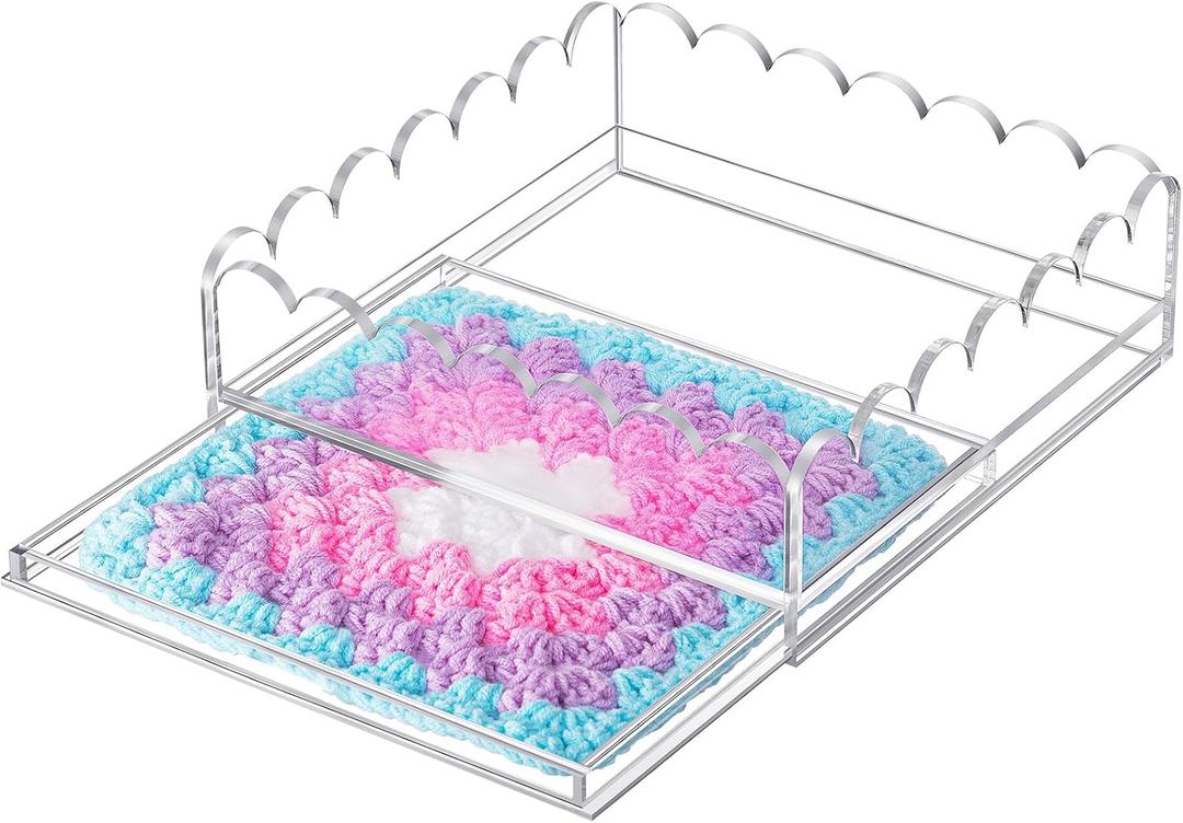 Acrylic Scalloped Tray 9" x 9" Large Clear Acrylic Tray with Drawer for Insert Customizable Photos, Art, and Fabric Scalloped Basket for Needlepoint Napkin Frame Display Messages