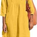 Lafural Womens V Neck Cotton Casual Loose Shift Tunic Smock Summer Dresses Vacation Dress 3/4 Sleeve Pocket (Yellow, M)