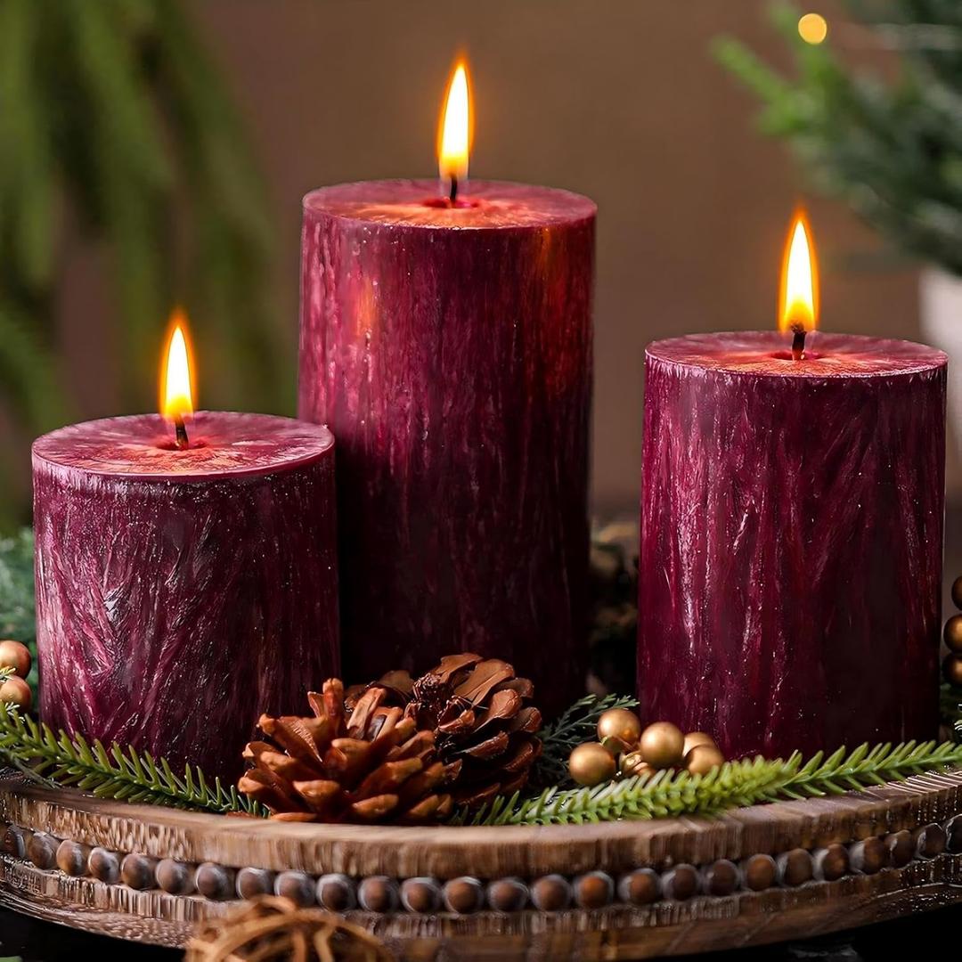 MTLEE 3 Pieces Burgundy Candles Rustic Textured Unscented Pillar Candle Christmas Winter Decorative Dripless Pillar Candle Farmhouse Country Wedding Holiday Dinner Home Decor(Burgundy)