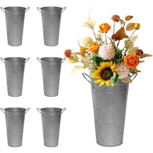 Haploon 6 Pack 12 Inch Vintage Galvanized Flower Bucket, Galvanized Flower Bucket with Handles, Metal Flower Vase Farmhouse French Flower Buckets for Party Table Centerpiece Weddings Home