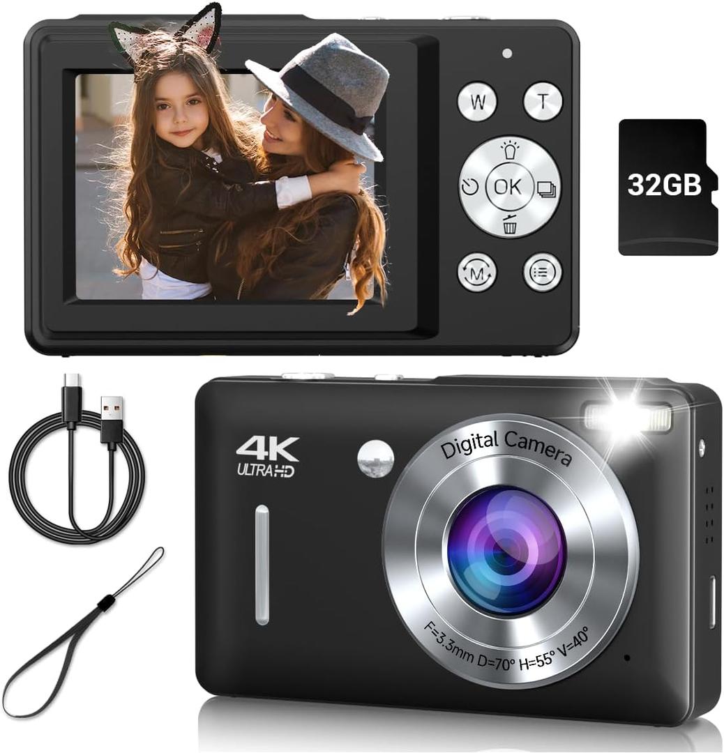 Digital Camera, 44MP Compact Camera, FHD 1080P Point and Shoot Digital Cameras with 16X Zoom, Face Detect, Smile Capture, Anti Shake, for Boys Girls Teens Gifts(Black)