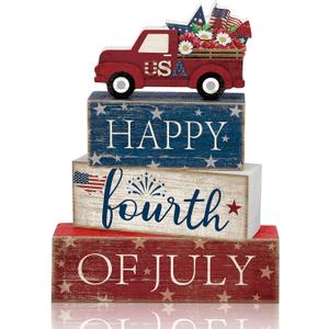 4 Pcs 4th of July Decorations Patriotic Memorial Day Tabletop Decorations Red White Blue Table Centerpieces Wood Block God Bless Sign for Office Tiered Tray Home Shelf Mantel(Independence Day Car)