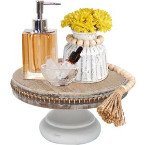 dwellington White Wash Round Display Wood Riser, 8.25 Shabby Chic Pedestal Tray Decor with Beads, Farmhouse Display Stands for Small Items in Coffee Bar, Bathroom, Kitchen Island