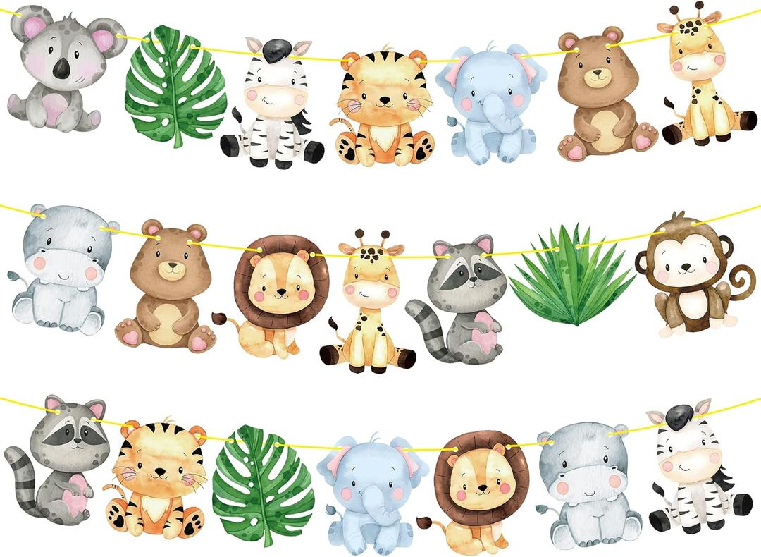 Jungle Safari Banners 2pcs Safari Animals Birthday Party Cutout Banners Theme Party Garland Decorations for Wild One Baby Shower Supplies
