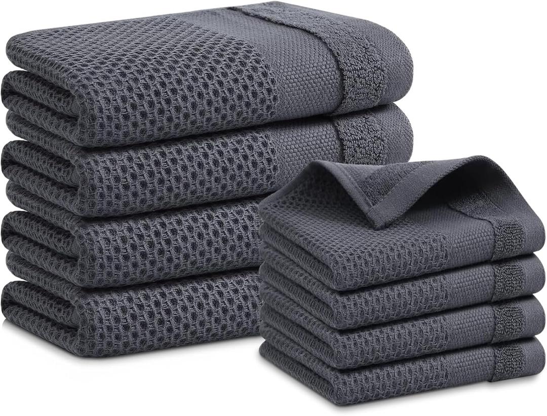 Homaxy Kitchen Towels and Dishcloths Set, 12 x 12 and 13 x 28 Inches, Set of 8 100% Cotton Waffle Weave Kitchen Towels, Super Soft and Absorbent Dish Cloths, Dark Grey