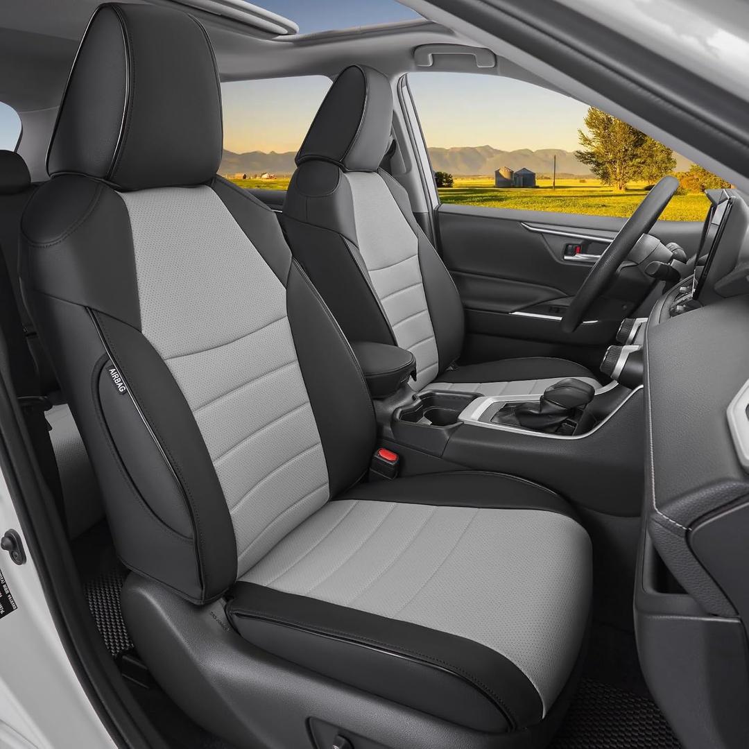 HKZ Custom Fit RAV4 Hybrid Car Seat Covers Set for 2019 2020 2021 2022 2023 2024 2025 Toyota RAV4 Hybrid Model Only LE,XLE,Limited,Woodland Edition,XLE Premium- 5 Seats Full Set Leather(Black&Grey)