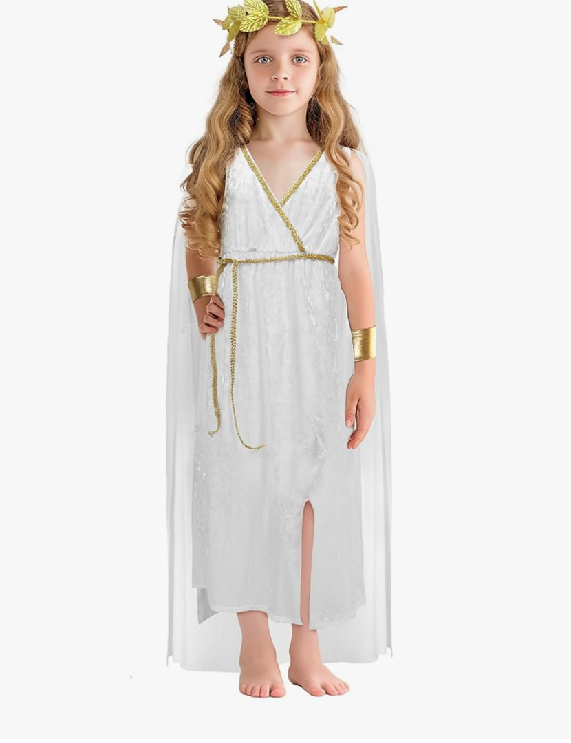 Greek Costume Kids Toga Roman Goddess Athena Children Halloween Cosplay Grecian Dress Up Outfit Set M