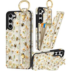 Petitian for Samsung Galaxy S23 Plus Case with Wallet - Women Girls Cute Girly Aesthetic Unique Design Leather Credit Card Holder Cardholder Stand Wristband for S23 Plus, Flower