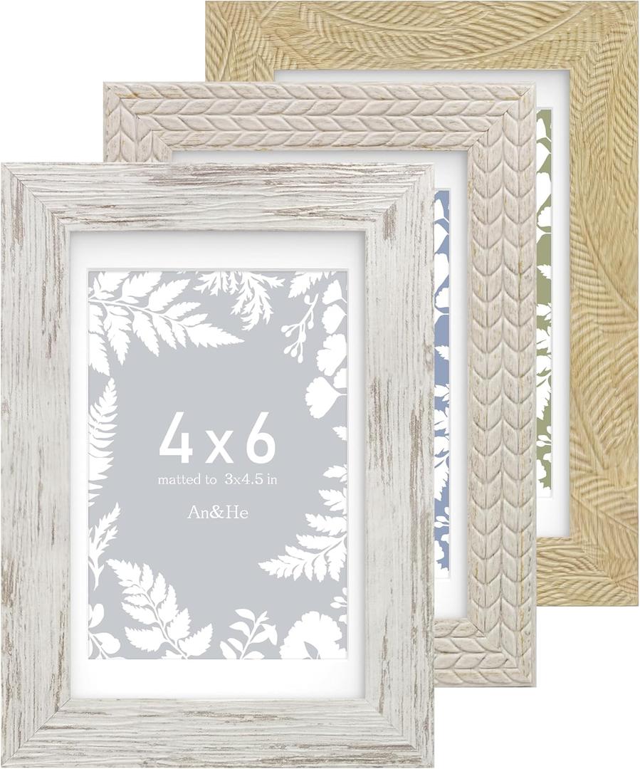 An&He 4x6 Picture Frames Set of 3, Rustic Vintage Photo Frame with HD Plastic Cover, for Wall Hanging or Tabletop Display, Excellent Decorative Artwork (Oak+Grey+OW)