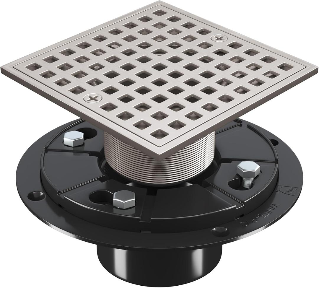 4 Inch Shower Floor Drain with Flange - Square Shower Drain with Hair Strainer - Removable Grid Strainer Cover - SUS304 Stainless Steel & CUPC Certified - Brushed Nickel