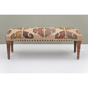 Acacia Wood Kilim Jute Fabric Decorative Upholstered Bench | Southwestern Pattern Wooden Ottoman with Turned KD Legs for Living Room, Bedroom, End of Bed, Hallway & Entryway