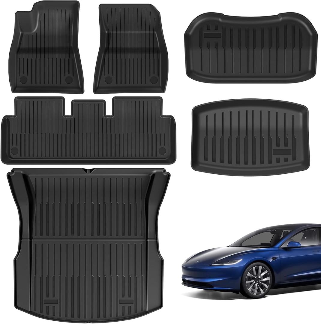 Tesla Model 3 Floor Mats 2021–2023, All-Weather Custom Fit Full Set Car Mats (6pcs) with Front & Rear Cargo Liner, Trunk Tray Interior Accessories, Pet & Child-Friendly