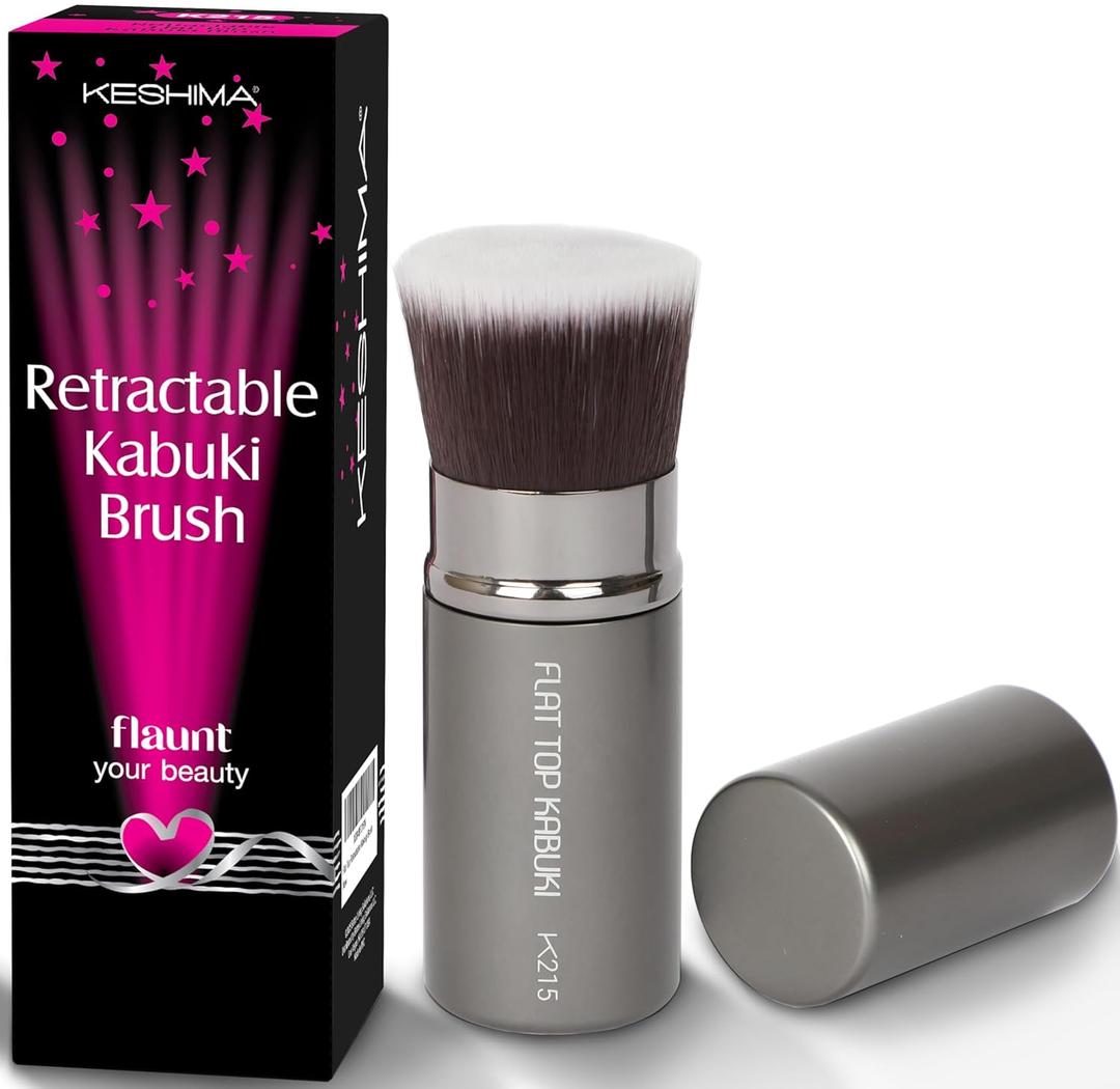 Flat Top Retractable Makeup Brush by Keshima - Premium Retractable Kabuki Brush, for Foundation Liquid Makeup, Powder, Cream and Blush (Metallic)