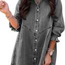 Sidefeel Womens Smocked 3 4 Sleeve Button Down Denim Jeans Dresses (Gray, M)