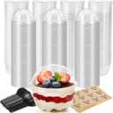 Pumtus 100 Pack 8 OZ Plastic Dessert Cups with Dome Lids, No Hole Clear Yogurt Parfait Cups, Disposable Party Serving Cups with Sporks and Stickers for Ice Cream, Fruit, Pudding, Jelly, Cup Cake