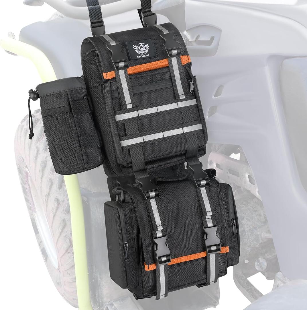 ATV Fender Bag Waterproof, Detachable ATV Rear Storage Bags with Drink Holder & Cooler Compatible with Sportsman Polaris Scrambler Grizzly Kingquad Cfmoto FourTrax, Black & Orange