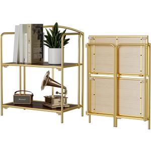Crofy No Assembly Folding Bookshelf for Living Room, 2 Tier Gold Collapsible Book Shelf for Home Office, Portable Bookcase Storage Organizer