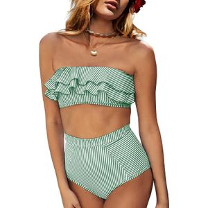 Saodimallsu Women High Waisted 2 Piece Bikini Set Bandeau Ruffle Swimsuit Top Striped Bathing Suits (Medium, Grass Green)