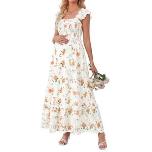 OUGES Womens Summer Maternity Maxi Dresses for Photoshoot Ruffle Sleeve Square Neck Wedding Guest Baby Shower Long Dress Flowy Pregnancy Must Have Maternity Clothes(White Orange Floral,M)