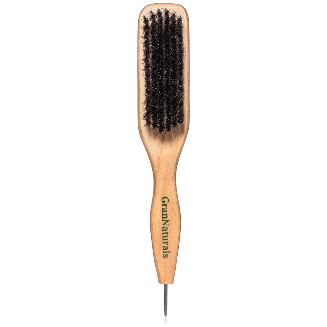 GranNaturals Smoothing & Styling Middle Part Boar Bristle Slick Back Hair Brush w/Narrow Metal Rat Tail End for Sectioning and Parting Sleek Ponytail Bun - Teasing, Backcombing, Edge Control