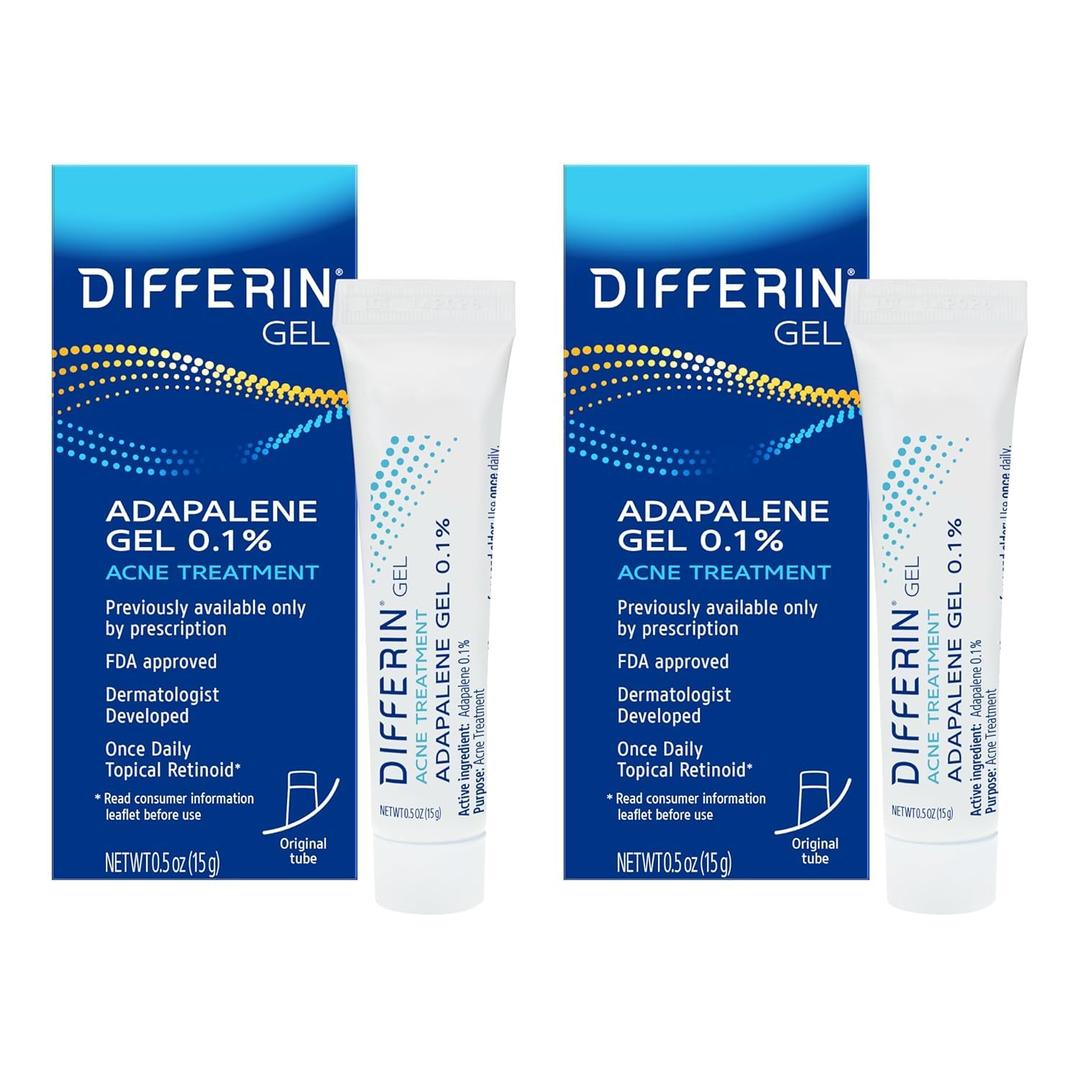 Differin Acne Treatment Gel, 60 Day Supply, Retinoid Treatment for Face with 0.1% Adapalene, Gentle Skin Care for Acne Prone Sensitive Skin, 15g Tube (Pack of 2) (Packaging May Vary) EXP 03/2028
