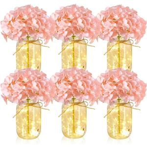 6 Sets Mason Jar with Lights Pink Hydrangea Decorative Pink Centerpieces for Tables Mason Jars Flowers Decorations LED Farmhouse Vase for Home Wedding Event Party Decor