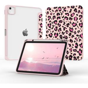Case for iPad Air 11 Inch M3/M2 2025/2024, iPad Air 5th/4th Generation 10.9" 2022/2020, Tri-Fold Folio Auto Wake/Sleep Cover with Clear Back/Pencil Holder for Air 5 4 (Leopard Pink)