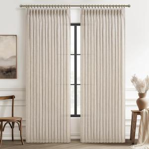 Natural Pleated 60 Inch Wide Curtains 92 Inches Long for Nursery 2 Panel Set, Memory Shape Flax Linen Semi Sheer Modern Curtain Light Filtering Privacy Kids Room Heavy Window Drapes with Hooks & Rings