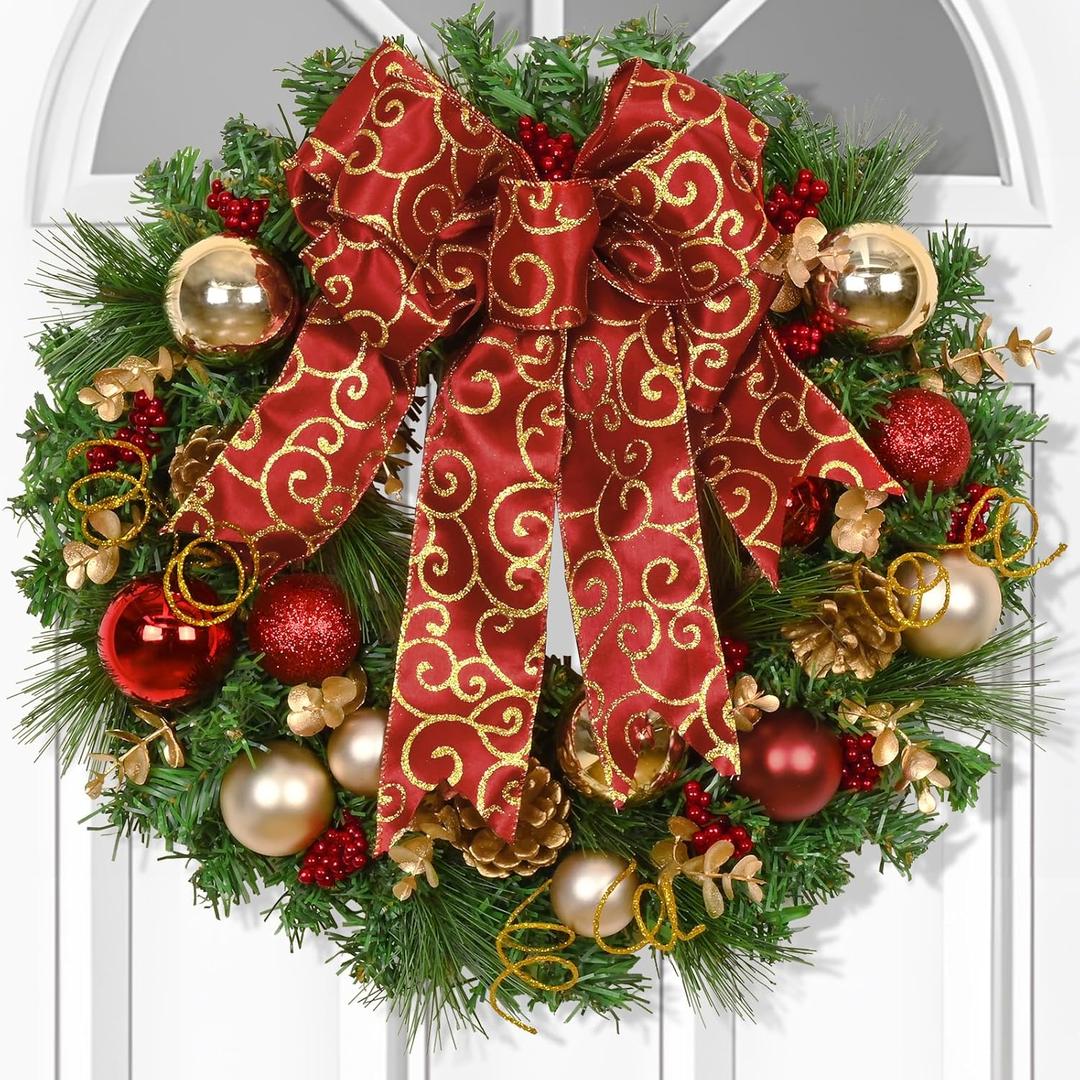Christmas Wreath Christmas Decorations - 16" Christmas Wreaths for Front Door, Red Bow Christmas Ball Pine Needles Wreath for Home Wall Windows Outdoor Xmas Decor (1pcs)