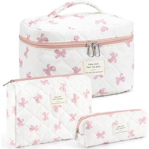 Makeup Bag for Women 3PCS Quilted Cotton Make Up Bag Travel Cosmetic Bag Large Makeup Bag Set Cute Bow Makeups Purse Organizer Floral Toiletry Pouch (White)