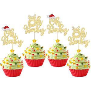 2 x 24Pcs Christmas Oh Baby Cupcake Toppers Gold Glitter Christmas Santa Hat Deer Babyshower Cupcake Picks Baby Shower Christmas Theme Birthday Party Cake Decorations Supplies