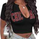Hilinker Women's Sexy Graphic Crop Tops Short Sleeve V Neck T Shirts Summer Tees Black Chicago Large (Black, L)