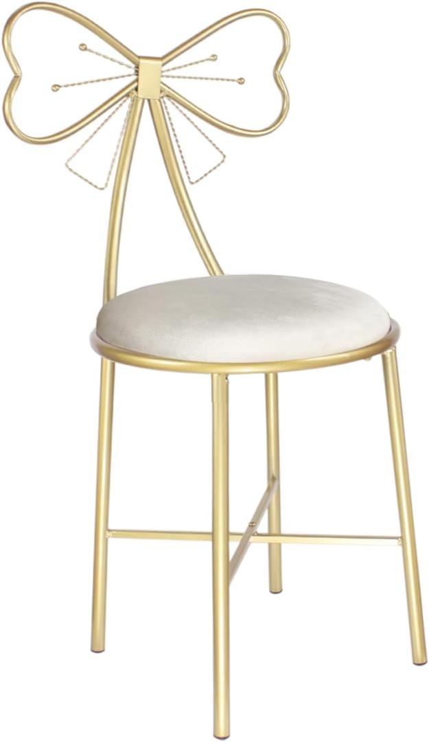 Vanity Stool Chair for Makeup,Modern Velvet Butterfly Accent Chair,White Cute Girls Bow Knot Backrest Chair with Golden Leg for Living Room,Bedroom,Vanity,Office,Reading Nook (Large)