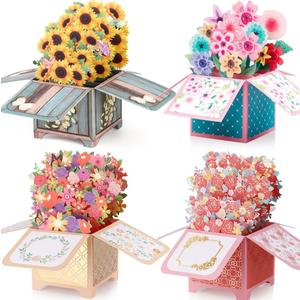 Giiffu 4 Pack Pop Up Flower Bouquet Cards, 3D Floral Greeting Cards with Envelopes & Notes, Pop Up Birthday Cards for Women, Mothers Day Cards, Thank You, Get Well, Thinking of You, All Occasion