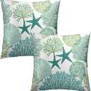 Summer Ocean Themed Nautical Coastal Throw Pillow Covers 18X18 Inches Set of 2 Aqua Teal Seashell Starfish Coral Pillowcase Soft Cotton Square Cushion Covers for Home Sofa Patio Bedroom Decoration